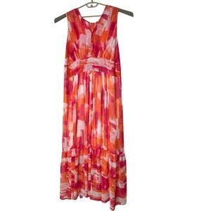 Calvin Klein Maxi Dress Women 16W Chiffon Abstract Print Orange Pink NWT